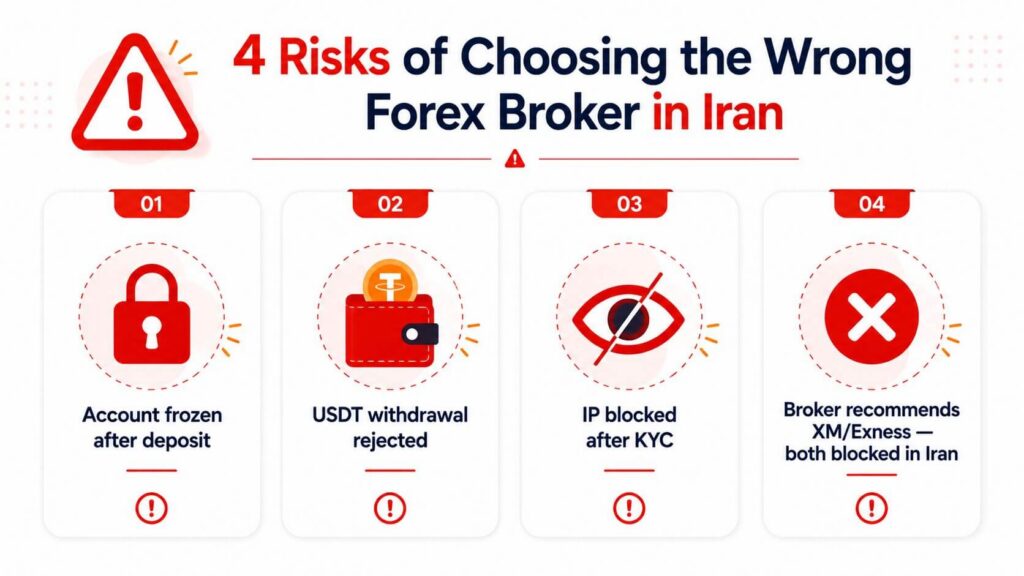 4 risks of choosing wrong forex broker in Iran — account freezing, USDT rejection, IP blocking